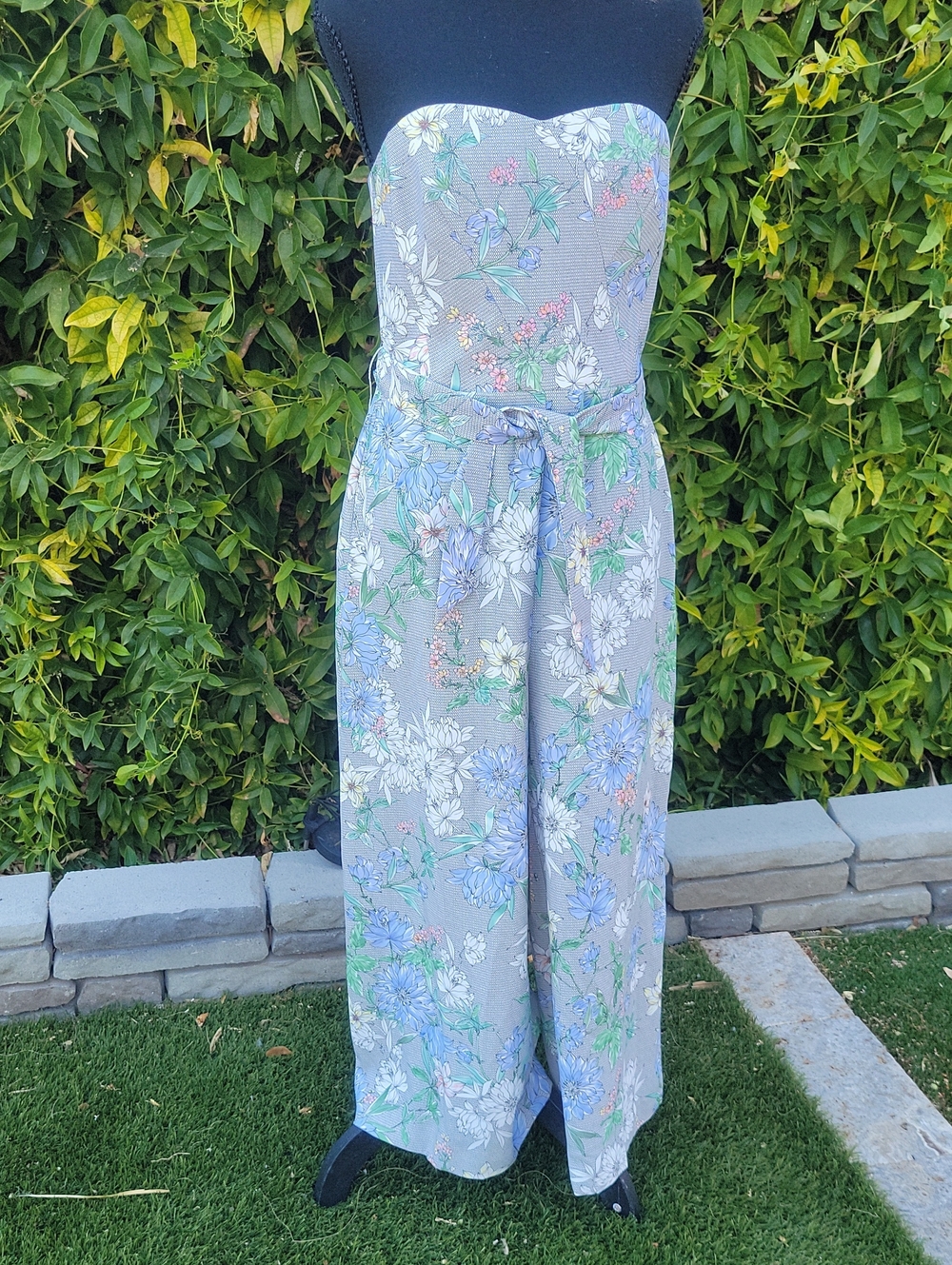 H&M Strapless Floral Wide-Leg Jumpsuit in Gray with Blue & Green Accents